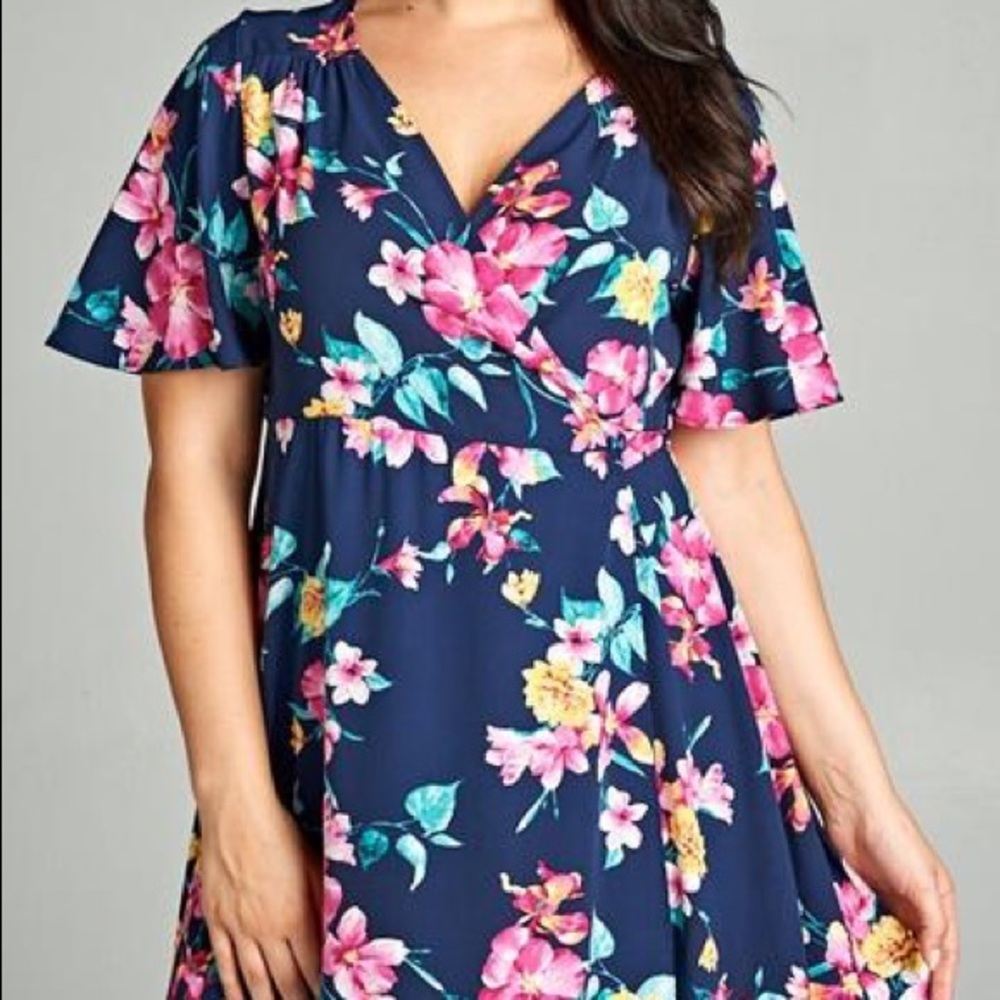 Floral Fitted Wrap Knee Dress